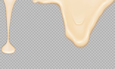 Peynir, krema, süt, krema veya yoğurt serpiştiriliyor. Şeffaf arkaplanda gerçekçi sıvı mayonez akışı.