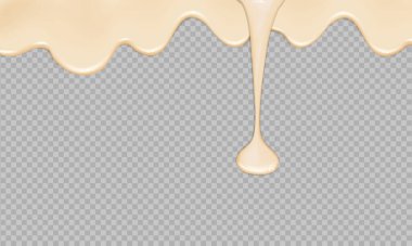 Peynir, krema, süt, krema veya yoğurt serpiştiriliyor. Şeffaf arkaplanda gerçekçi sıvı mayonez akışı.