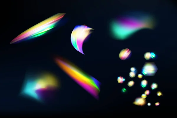彩虹在黑色背景上的亮点 来自水和玻璃的光泽或反射 社交媒体背景 产品演示 照片中闪烁着的微粒 — 图库矢量图片