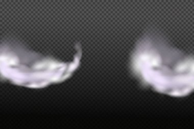 Koyu renkli arka planda beyaz vektör bulanıklığı, sis veya duman. Bulutlu gökyüzü veya şehrin üzerindeki sis. Vektör illüstrasyonuName.