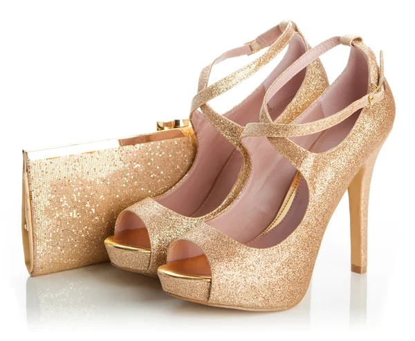 Damen Goldschuhe und Tasche — Stockfoto