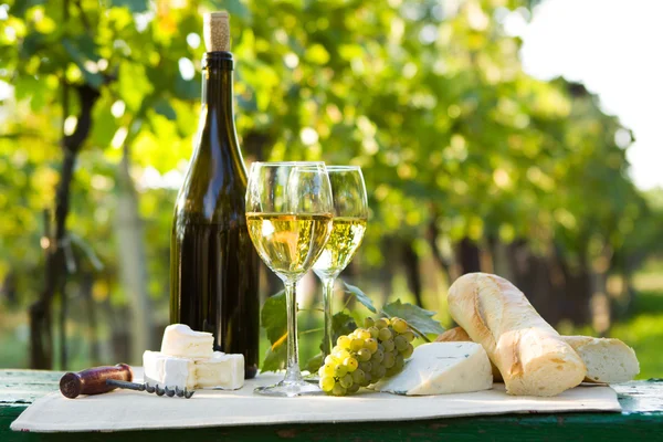 Dois copos de vinho branco e garrafa — Fotografia de Stock
