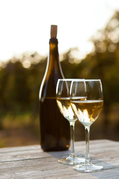 Δύο ποτήρια λευκό κρασί και μπουκάλι — Φωτογραφία Αρχείου