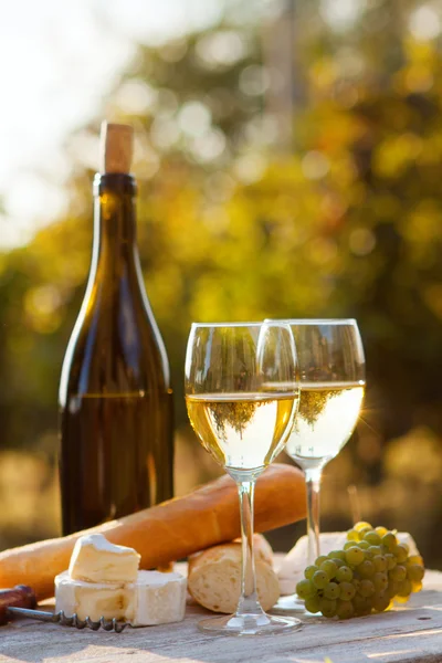 Dois copos de vinho branco e garrafa — Fotografia de Stock