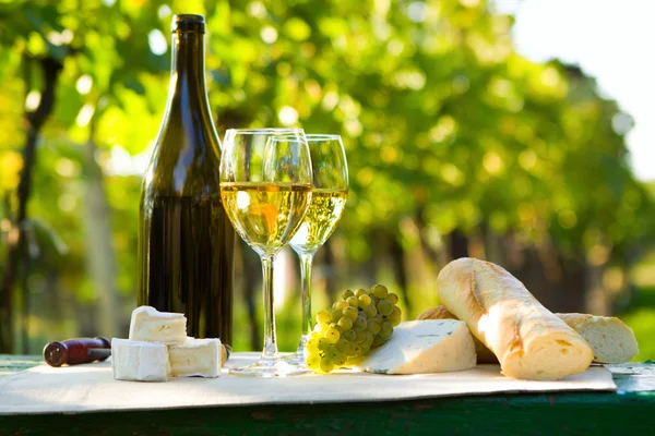 Two glasses of white wine and bottle — Stock Photo, Image