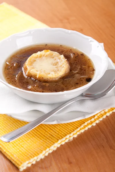 Onion soup with beef broth and bread — Stock Photo, Image