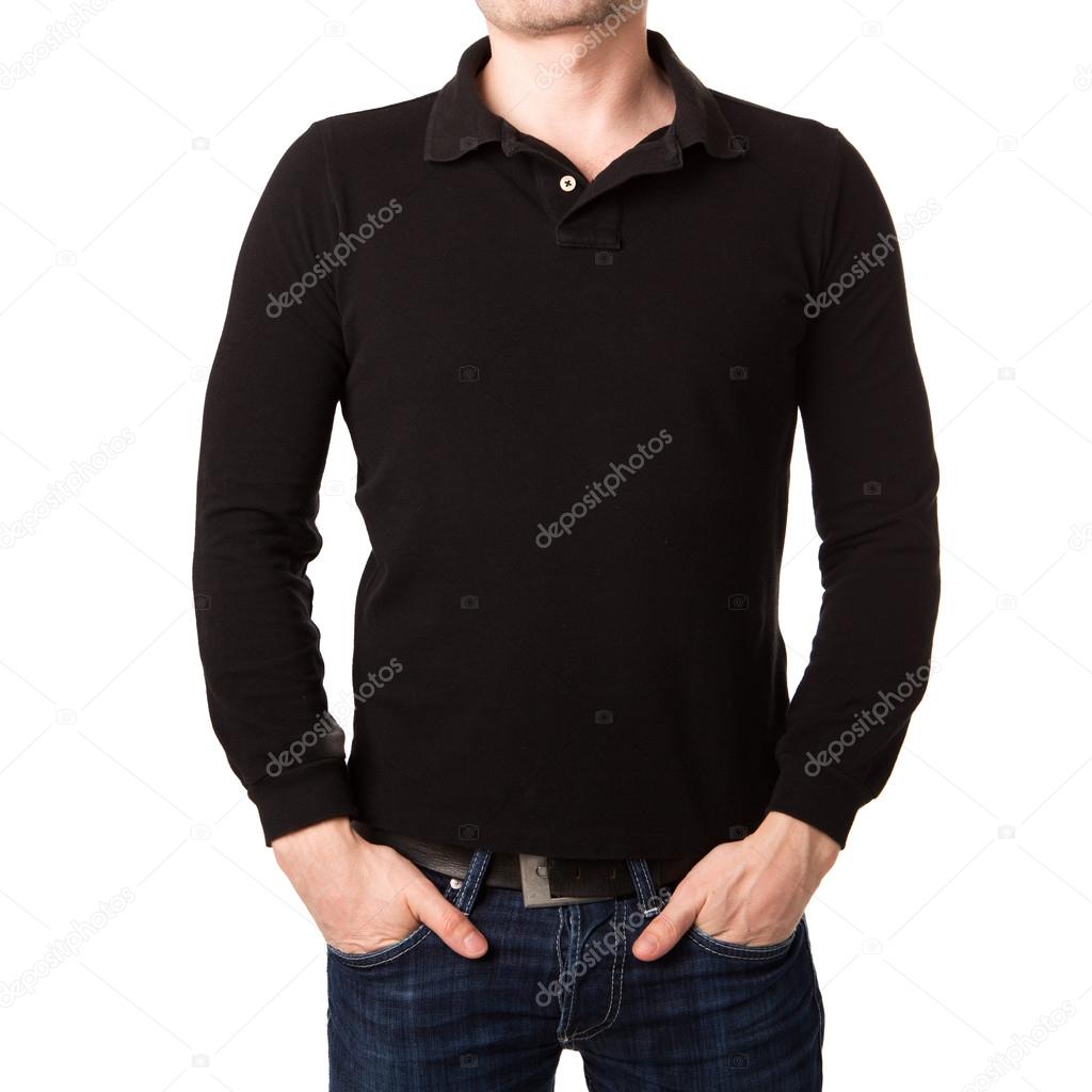 Black polo shirt with a long sleeve on a young man