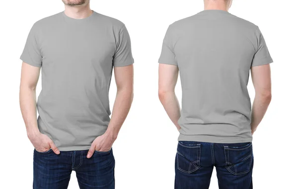 Graues T-Shirt auf Vorlage eines jungen Mannes — Stockfoto