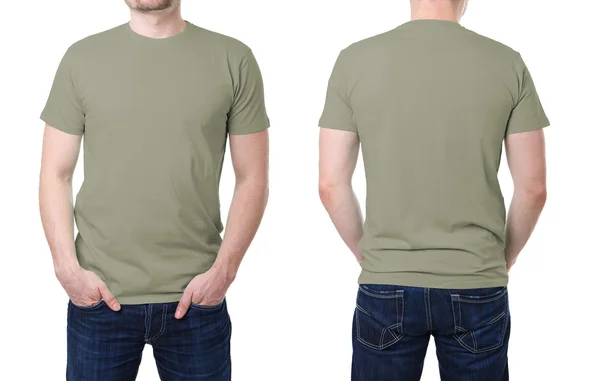 Khaki t-shirt em um modelo de jovem — Fotografia de Stock