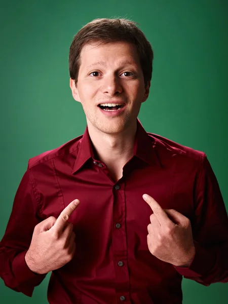 Caucasian businessman pointing at himself — Stock Photo, Image