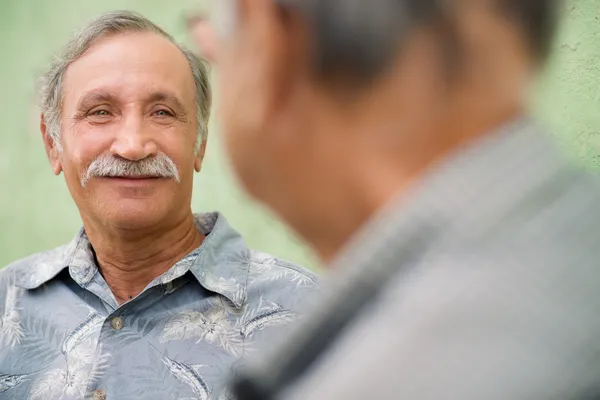 Dois amigos seniores se encontrando e conversando no parque — Fotografia de Stock