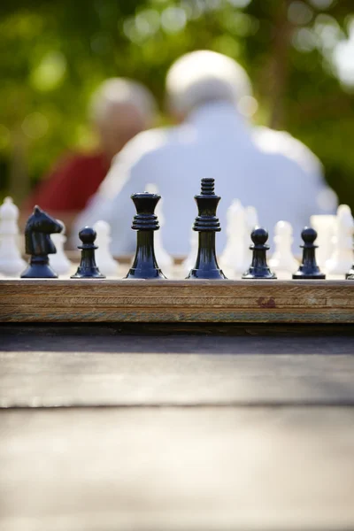 Active retired , two old friends playing chess at park — Stock Photo, Image