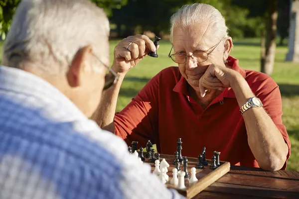 Aktiv pensionär, två ledande män spela schack på park — Stockfoto