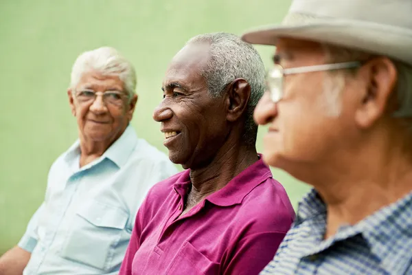 Grupo de viejos hombres negros y caucásicos hablando en el parque — Foto de Stock