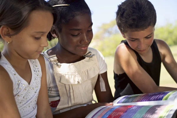 Enfants et éducation, enfants et filles lisant le livre dans le parc — Photo