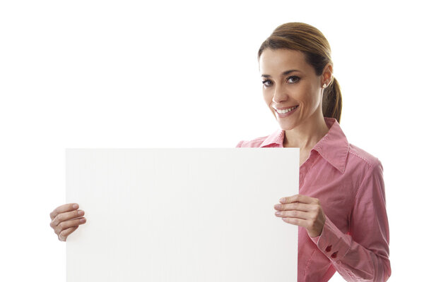 happy businesswoman holding billboard with text space