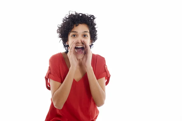 Gelukkig Spaanse vrouw schreeuwen tegen camera — Stockfoto