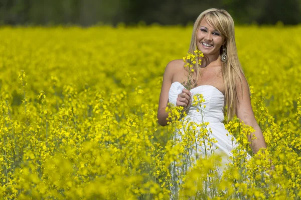 Model op gebied van bloemen — Stockfoto