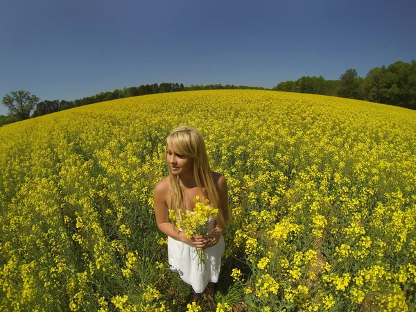 Model op gebied van bloemen — Stockfoto