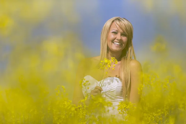 Model op gebied van bloemen — Stockfoto