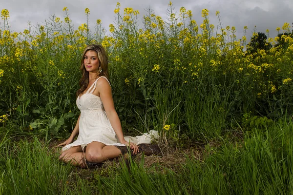 Modell im Feld der Blumen — Stockfoto