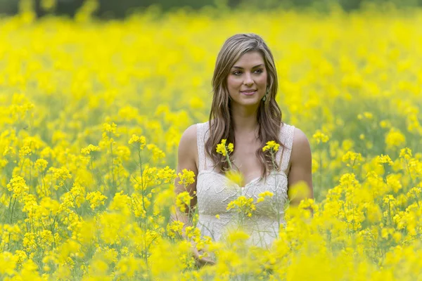 Model op gebied van bloemen — Stockfoto