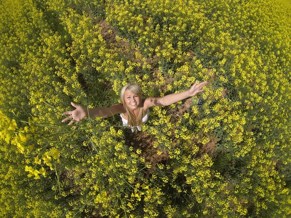 Model op gebied van bloemen — Stockfoto