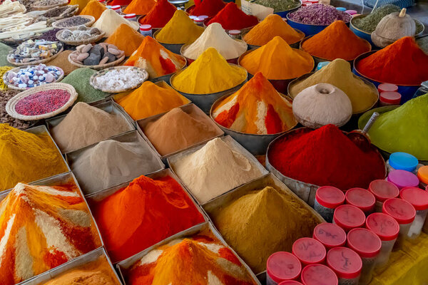 Colorful moroccan spices in the open market in Rissani, Morocco, Africa.