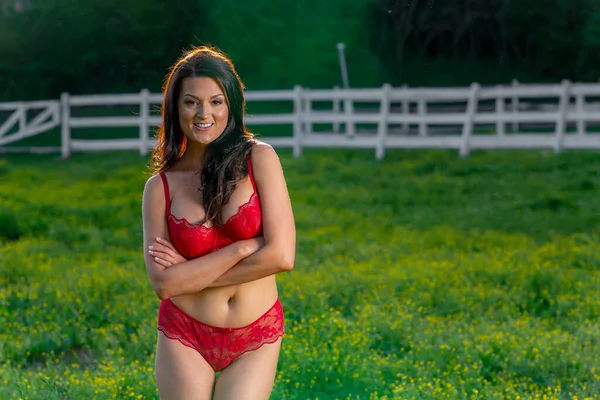 Una Hermosa Modelo Morena Posa Lencería Aire Libre Mientras Disfruta — Foto de Stock