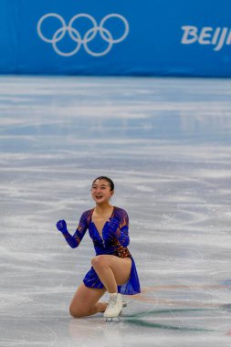 Kaori SAKAMOTO (JPN), Pekin, Hebei, Çin 'de düzenlenen 2022 Kış Olimpiyatları sırasında Capital Indoor Stadyumu' nda mücadele etmektedir.