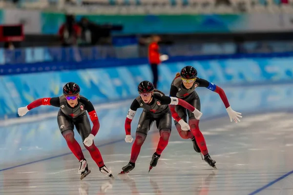 Zespół Kanada Sprawia Ich Bieg Kobiet Speed Skating Team Pursuit — Zdjęcie stockowe