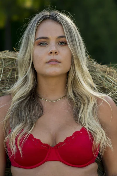 Une Magnifique Fille Fermière Blonde Pose Extérieur Dans Environnement Agricole — Photo