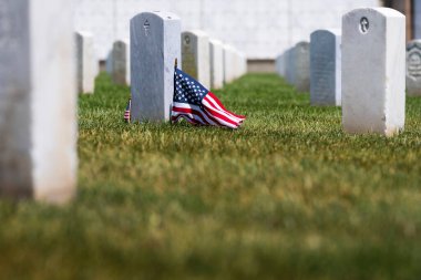 Bir tepenin üstünde Amerikan gururunu gösteren gazi mezarlığının genel görüntüsü.