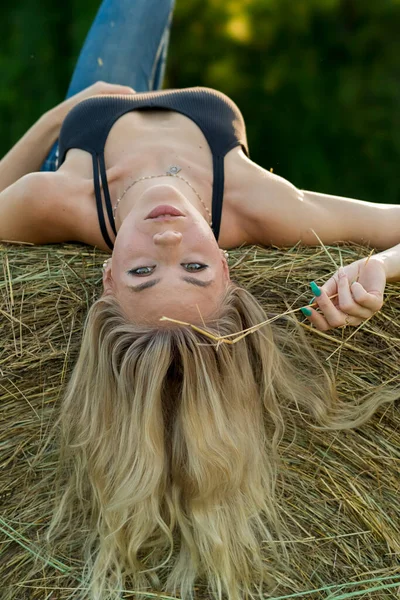 Sarışın bir çiftçinin kızı çiftlik ortamında poz veriyor.