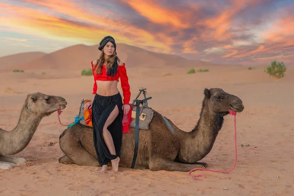 Una Bella Modella Cavalca Cammello Attraverso Deserto Sahariano Marocco — Foto Stock