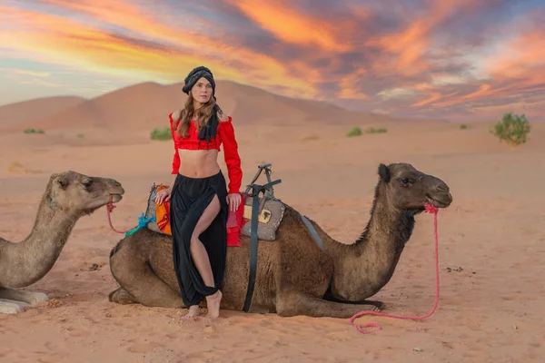 Belo Modelo Monta Camelo Através Deserto Saara Marrocos — Fotografia de Stock