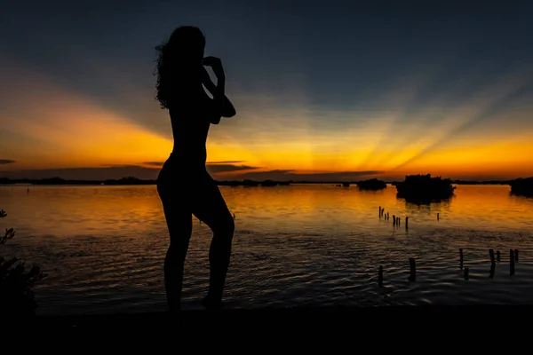 Una Hermosa Modelo Latina Desnuda Silueta Mientras Posa Con Sol —  Fotos de Stock