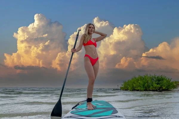 Beautiful Blonde Model Enjoys Summers Day While Preparing Surf Ocean — Stock Photo, Image