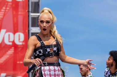 Şarkıcı Qwen Stefani, ABD 'nin Newton kentinde düzenlenen HY-VEEDEALS.COM 250 başlamadan önce hayranları için performans sergiliyor..