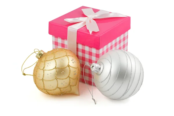 Gold and silver Christmas balls and gift boxes — Stock Photo, Image