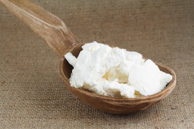 tahta kaşık üzerinde süzme peynir