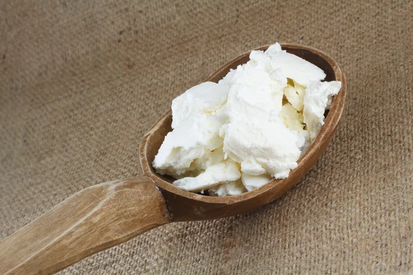 Fresh cottage cheese in a large wooden spoon — Stock Photo, Image