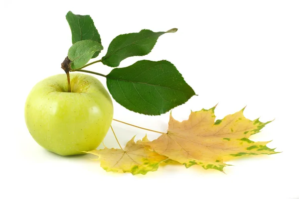 Green apple and autumn maple leaves — Stock Photo, Image