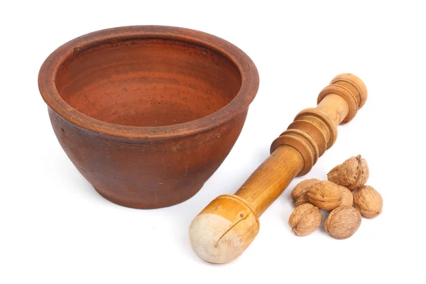 Walnuts and mortar for grinding — Stock Photo, Image