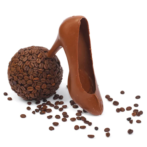 Bowl of coffee and chocolate shoe — Stock Photo, Image