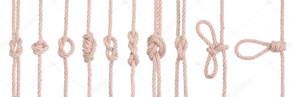 A set of ten different knots of rope connected isolated on a white background