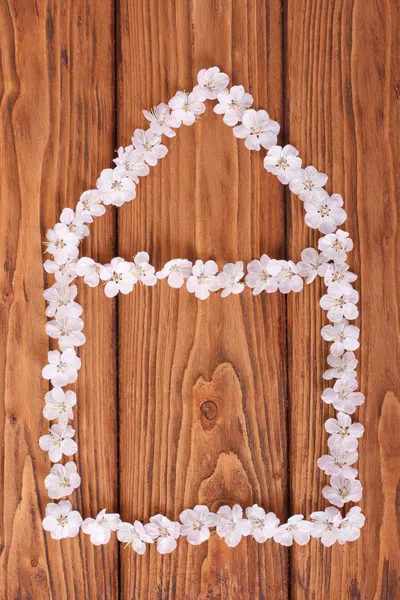 Casa de flores blancas de albaricoque sobre tabla de madera —  Fotos de Stock