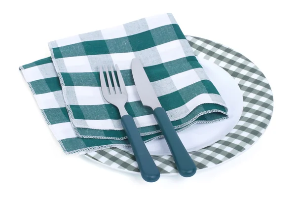Lege plaat met mes en vork, geïsoleerd op wit servet — Stockfoto