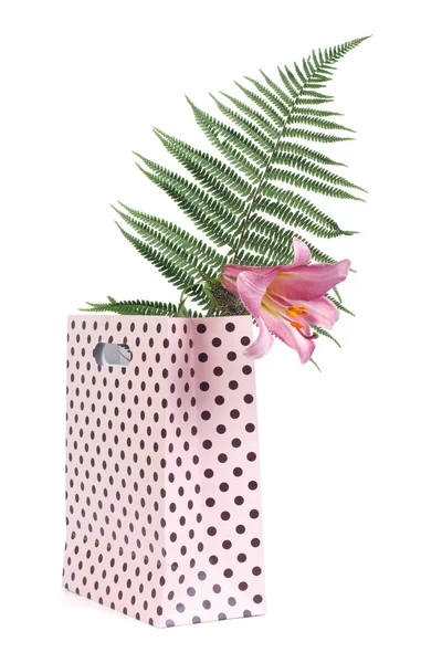 Lily flower and fern in a pink gift bag isolated on white — Stock Photo, Image