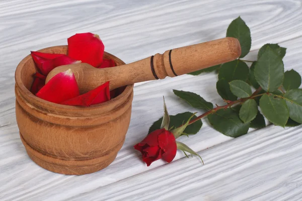 Red petals in a wooden mortar and pestle and a fresh rose bud — Stock Photo, Image